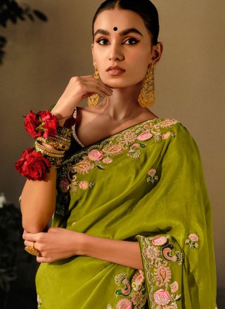 Green Silk Embroidered Work Trendy Saree