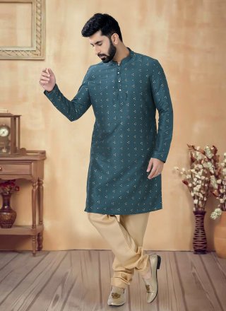 Green Silk Foil Print Work Kurta Pyjama for Ceremonial
