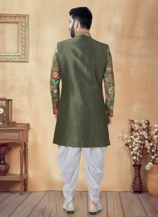Green Silk Foil Print Work Sherwani Mens Wear for Men