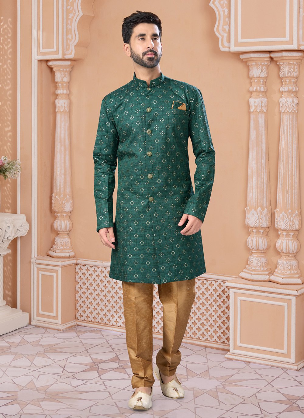 Green Silk Indo Western Sherwani Buy Online