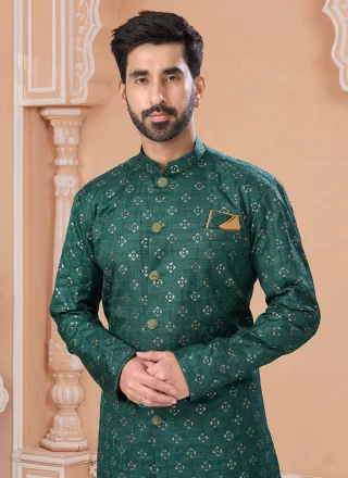 Green Silk Indo Western Sherwani with Machine Embroidery, Stone and Thread Work for Men