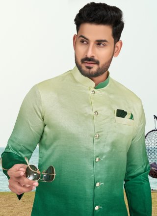 Green Silk Indo Western with Buttons and Print Work