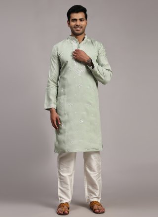 Green Silk Kurta Pyjama with Embroidered Work