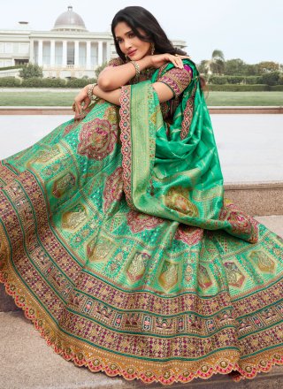 Green Silk Lehenga Choli with Embroidered, Sequins and Thread Work