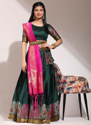 Green Silk Lehenga Choli with Print Work for Ceremonial