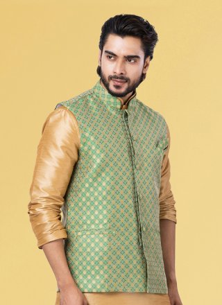 Green Silk Nehru Jackets with Jacquard Work for Ceremonial