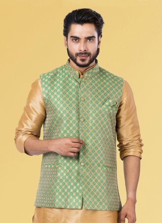 Green Silk Nehru Jackets with Jacquard Work for Ceremonial