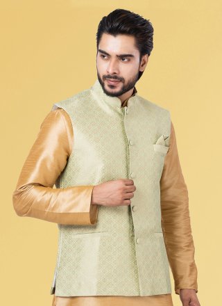 Green Silk Nehru Jackets with Jacquard Work for Ceremonial