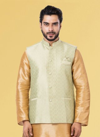 Green Silk Nehru Jackets with Jacquard Work for Ceremonial