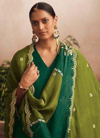 Green Silk Palazzo Salwar Suit with Embroidered Work for Ceremonial