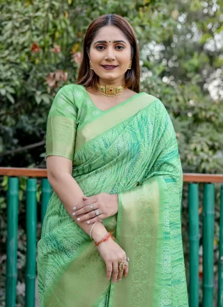 Green Silk Patch Border, Digital Print and Woven Work Contemporary Saree