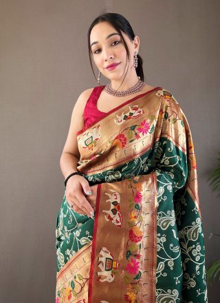 Green Silk Print and Weaving Work Traditional Saree for Ceremonial