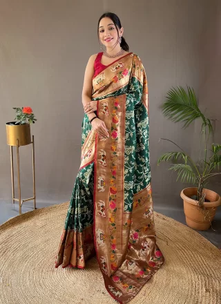 Green Silk Print and Weaving Work Traditional Saree for Ceremonial