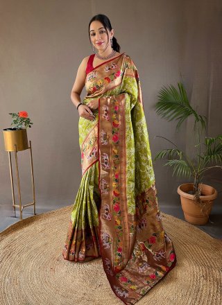 Green Silk Print and Weaving Work Traditional Saree for Women