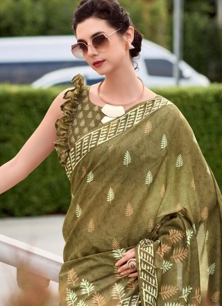 Green Silk Print Work Designer Sari for Casual