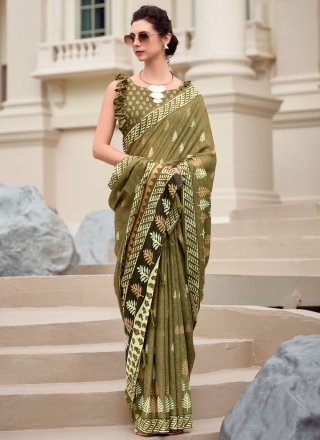 Green Silk Print Work Designer Sari for Casual
