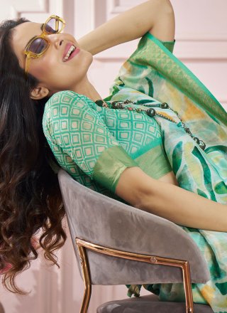 Green Silk Print Work Trendy Saree for Ceremonial