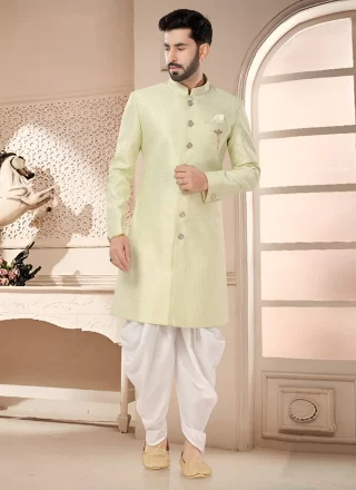 Green Silk Sherwani Mens Wear with Woven Work for Men