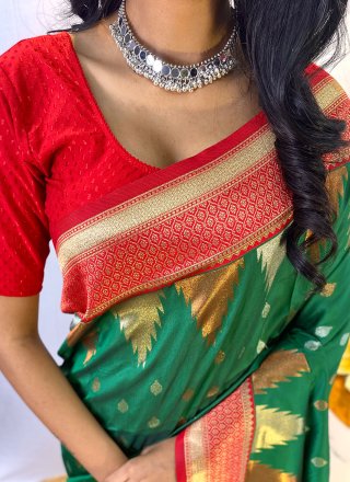 Green Silk Traditional Saree with Print Work