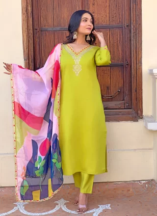 Green Silk Trendy Suit with Embroidered and Print Work for Ceremonial