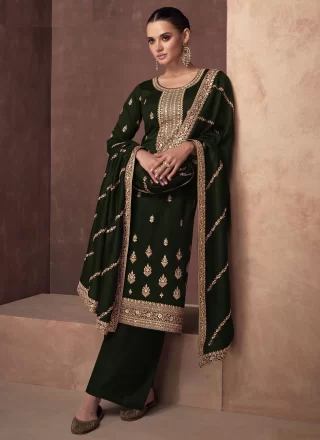 Green Silk Trendy Suit with Embroidered Work for Ceremonial