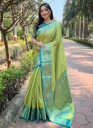 Green Silk Woven Work Casual Sari