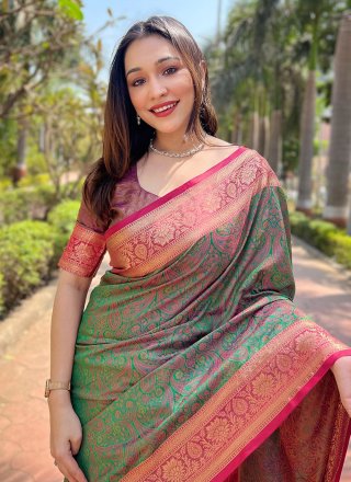 Green Silk Woven Work Casual Sari for Casual
