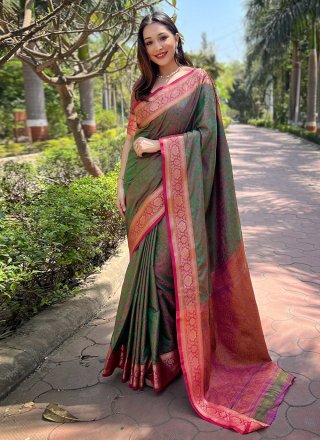 Green Silk Woven Work Casual Sari for Casual