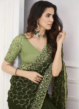 Green Tissue Contemporary Saree with Patch Border, Embroidered and Sequins Work for Party