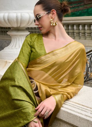 Green Tissue Contemporary Sari with Weaving Work