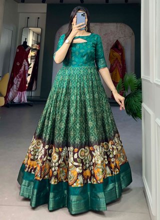 Green Tussar Silk Designer Gown with Print and Weaving Work for Women