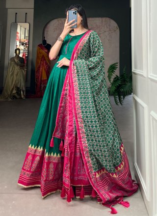 Green Tussar Silk Gown with Foil Print Work for Women