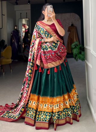 Green Tussar Silk Lehenga Choli with Patola Print Work for Women