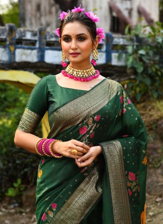 Green Tussar Silk Meenakari and Woven Work Classic Sari for Women