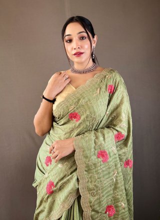 Green Tussar Silk Traditional Saree with Embroidered Work