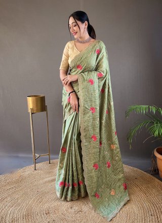 Green Tussar Silk Traditional Saree with Embroidered Work