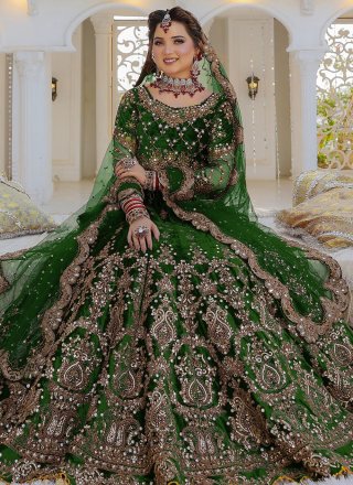 Green Velvet Dori, Embroidered and Mirror Work A - Line Lehenga Choli for Ceremonial