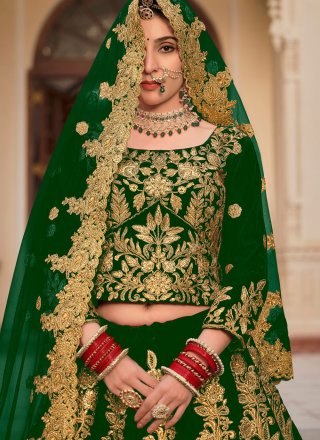 Green Velvet Lehenga Choli with Dori, Embroidered, Thread and Zari Work for Engagement
