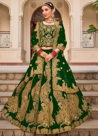 Green Velvet Lehenga Choli with Dori, Embroidered, Thread and Zari Work for Engagement