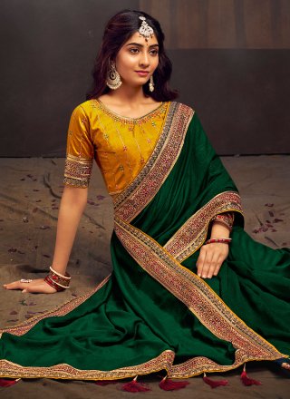 Green Vichitra Silk Classic Sari with Patch Border and Embroidered Work for Women