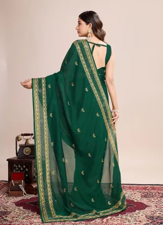 Green Vichitra Silk Embroidered Work Casual Sari