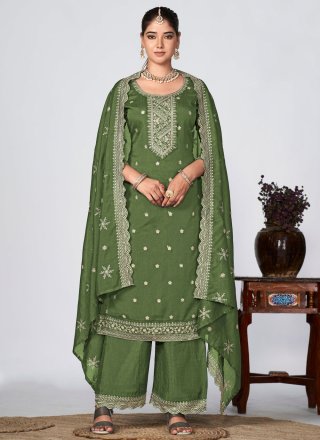 Green Vichitra Silk Embroidered Work Salwar Suit for Ceremonial