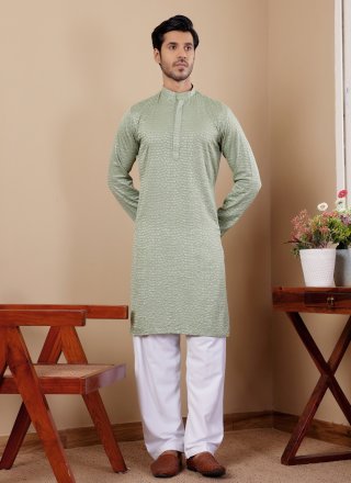 Green Viscose Chikankari and Embroidered Work Kurta Pyjama for Festival