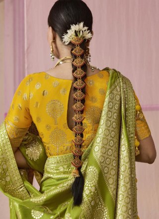Green Viscose Contemporary Saree with Floral Patch and Weaving Work