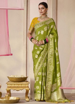 Green Viscose Contemporary Saree with Floral Patch and Weaving Work