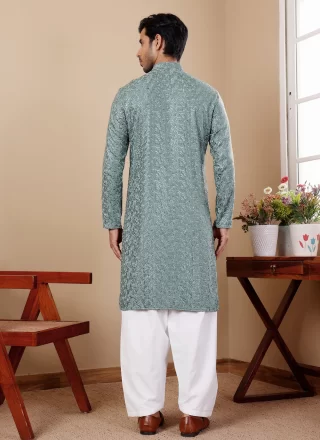 Green Viscose Kurta Pyjama with Chikankari and Embroidered Work for Festival