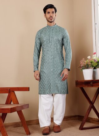 Green Viscose Kurta Pyjama with Chikankari and Embroidered Work for Festival