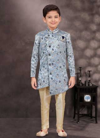 Grey and Blue Banarasi Jacquard Sherwani Kids Wear