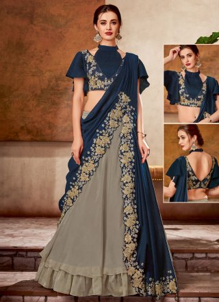 Grey and Blue Georgette Trendy Saree with Embroidered, Hand and Thread Work