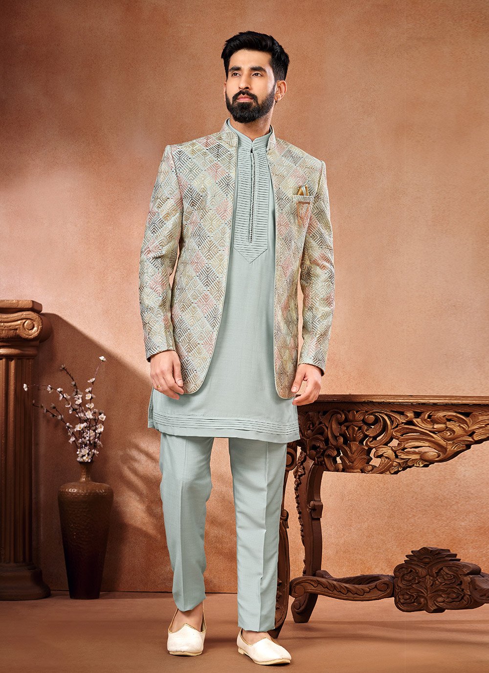 Grey and Multi Colour Art Banarasi Silk Jodhpuri Suit